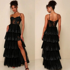 Lulus Alluring Sensation Black Tulle Embroidered Tiered Maxi Dress Party Prom